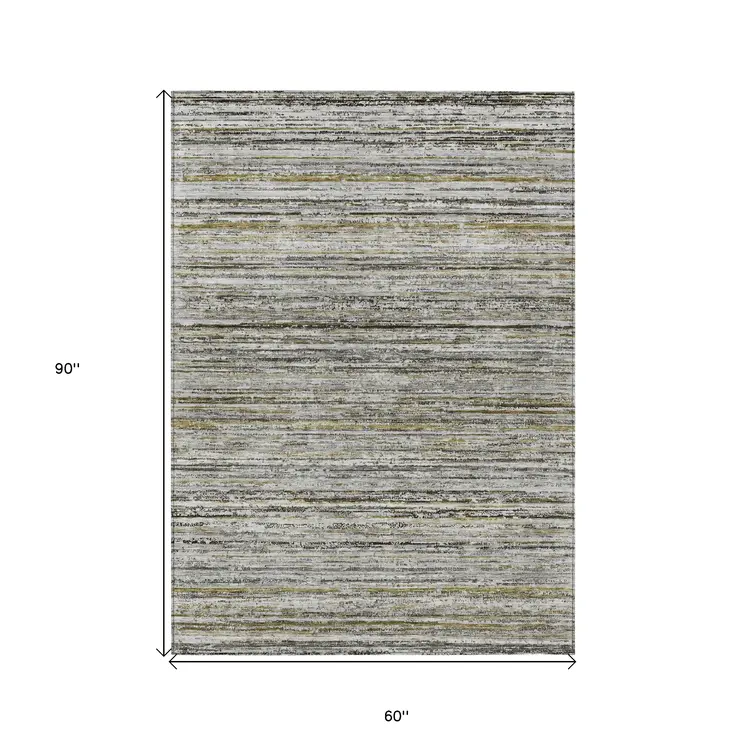 5' X 8' Pewter Striped Washable Indoor Outdoor Area Rug