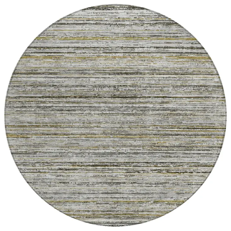 8' Pewter Round Striped Washable Indoor Outdoor Area Rug