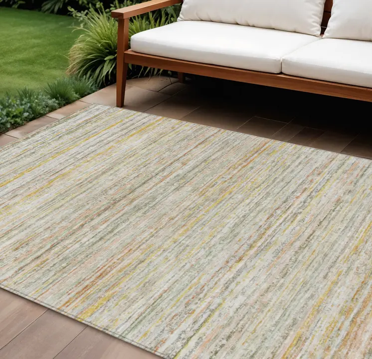 9' X 12' Sage Striped Washable Indoor Outdoor Area Rug