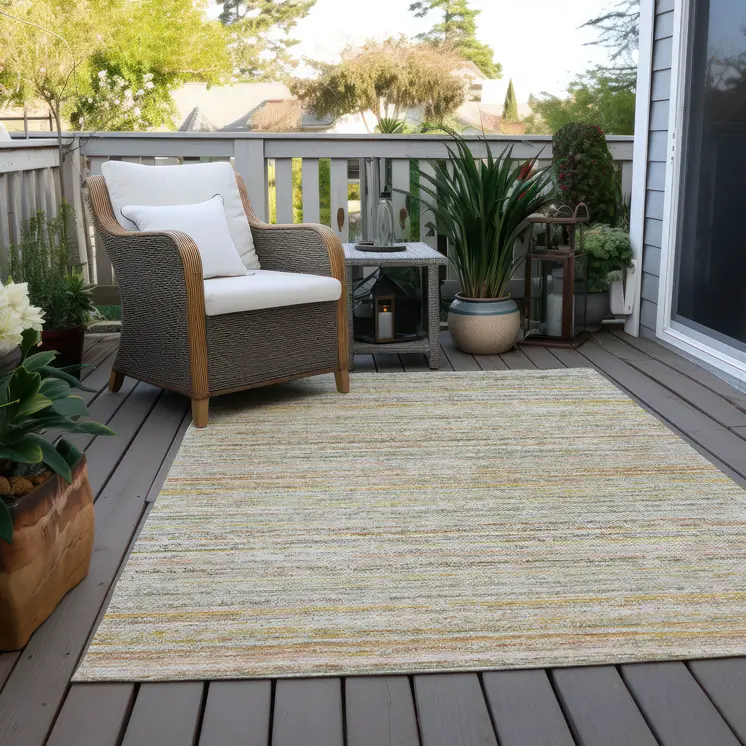 10' X 14' Sage Striped Washable Indoor Outdoor Area Rug