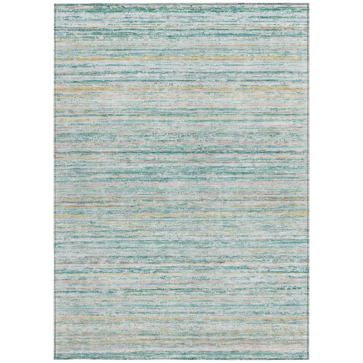 5' X 8' Teal Blue Striped Washable Indoor Outdoor Area Rug
