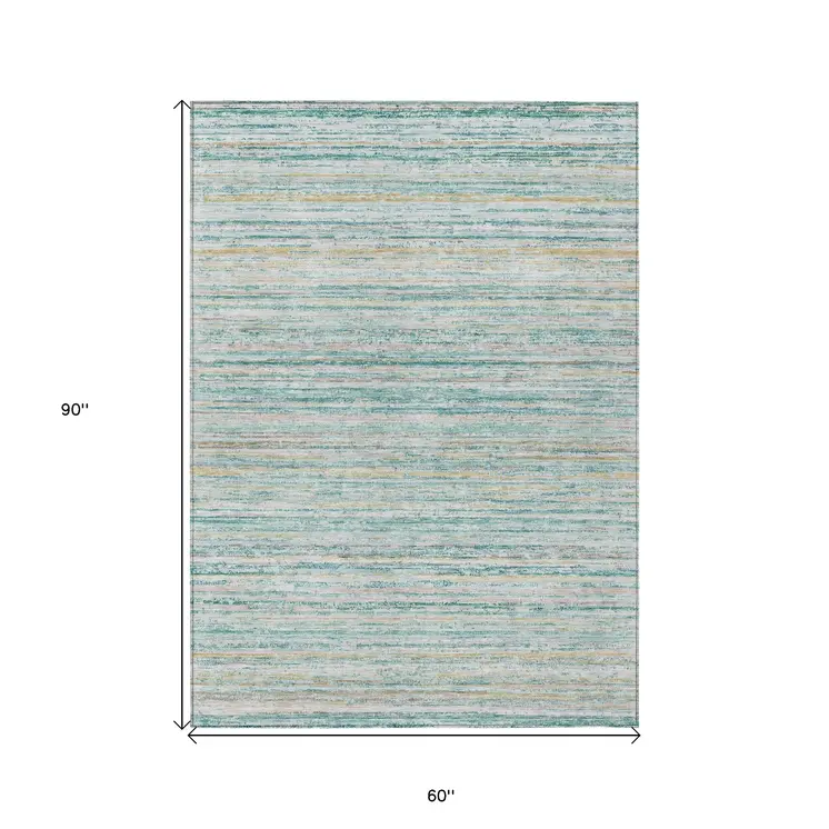 5' X 8' Teal Blue Striped Washable Indoor Outdoor Area Rug