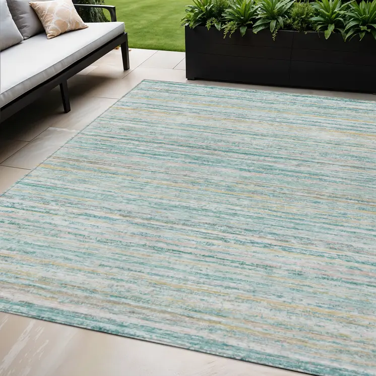 5' X 8' Teal Blue Striped Washable Indoor Outdoor Area Rug