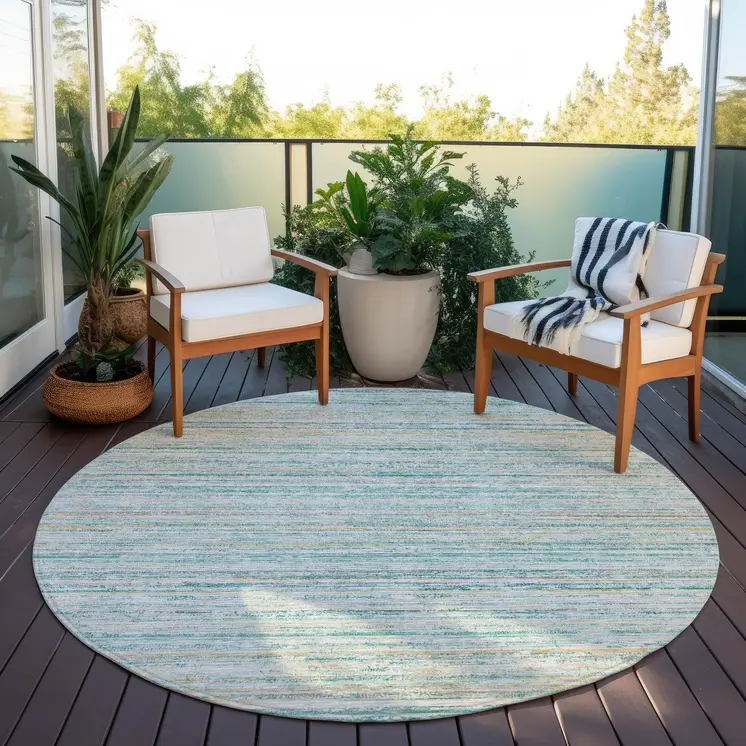 8' Teal Blue Round Striped Washable Indoor Outdoor Area Rug