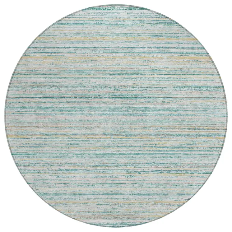 8' Teal Blue Round Striped Washable Indoor Outdoor Area Rug