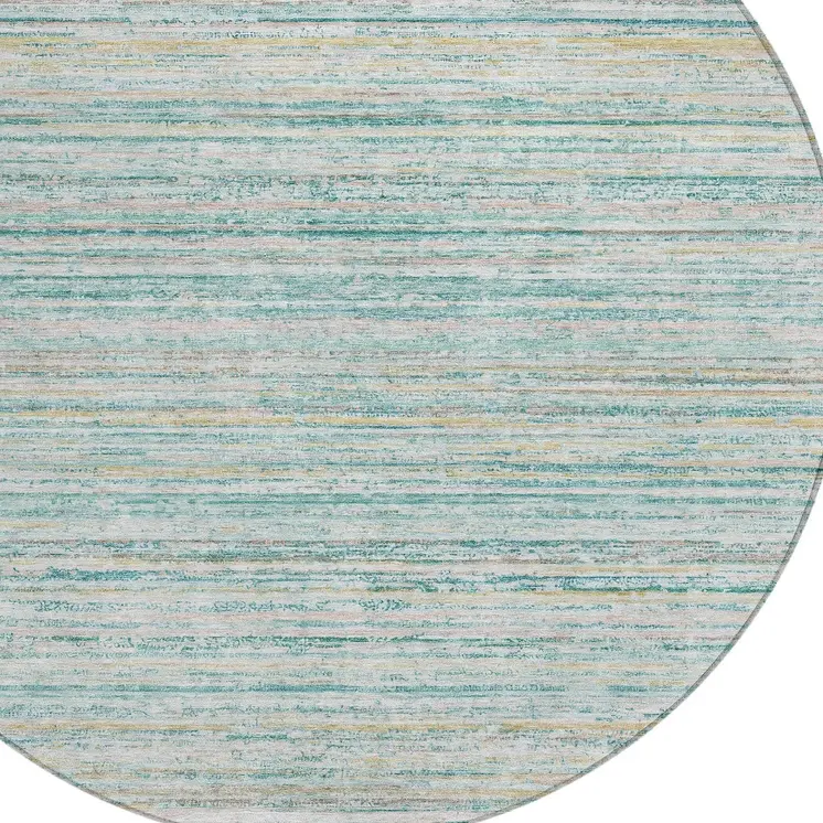 8' Teal Blue Round Striped Washable Indoor Outdoor Area Rug