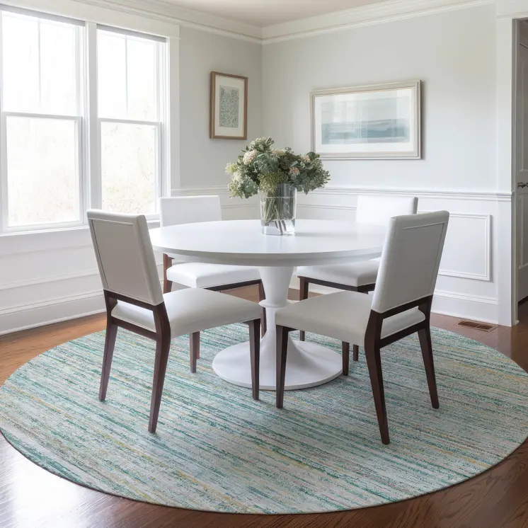 8' Teal Blue Round Striped Washable Indoor Outdoor Area Rug