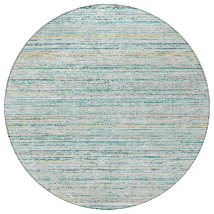 8' Teal Blue Round Striped Washable Indoor Outdoor Area Rug