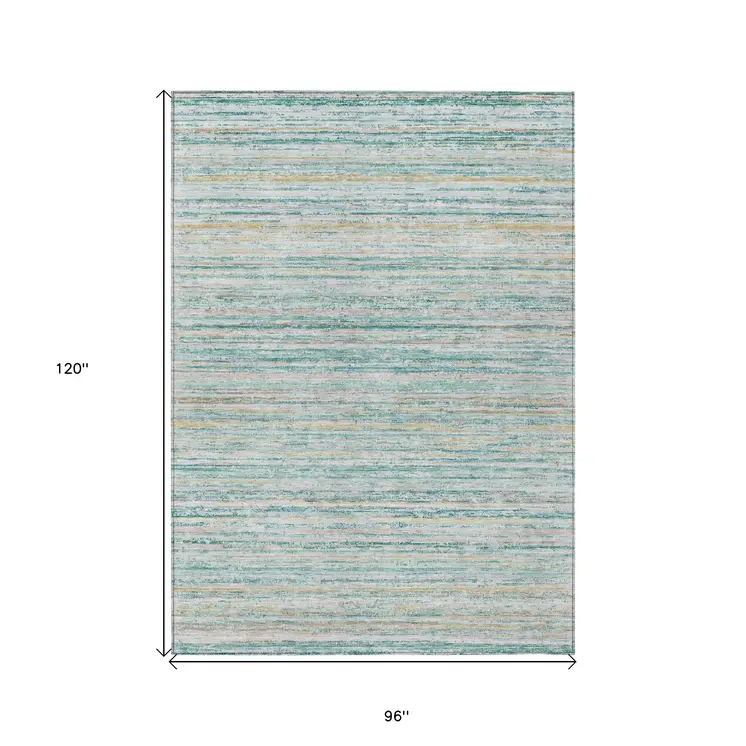 8' X 10' Teal Blue Striped Washable Indoor Outdoor Area Rug