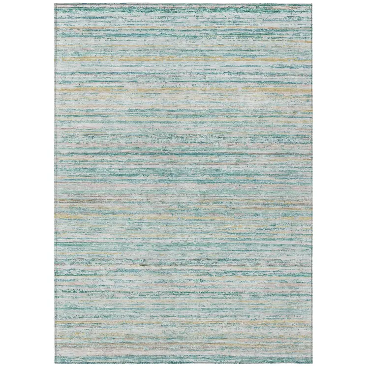 9' X 12' Teal Blue Striped Washable Indoor Outdoor Area Rug
