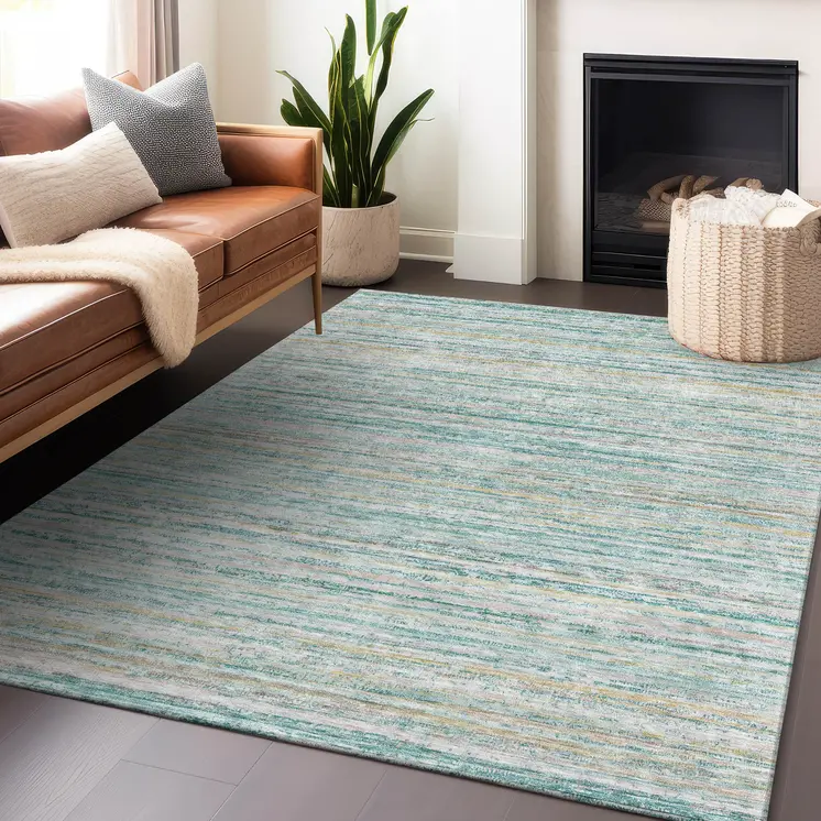 9' X 12' Teal Blue Striped Washable Indoor Outdoor Area Rug