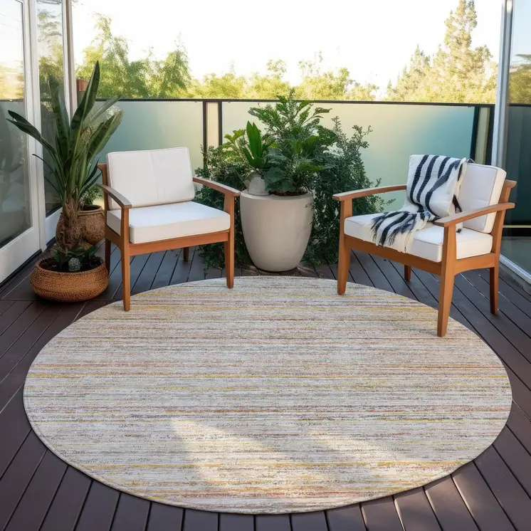 8' Terra Cotta Round Striped Washable Indoor Outdoor Area Rug