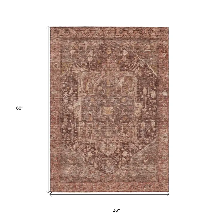 3' X 5' Burgundy Medallion Washable Indoor Outdoor Area Rug