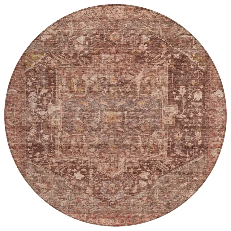 8' Burgundy Round Medallion Washable Indoor Outdoor Area Rug