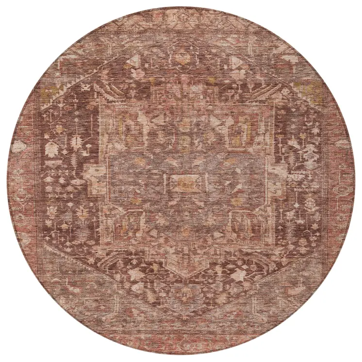 8' Burgundy Round Medallion Washable Indoor Outdoor Area Rug