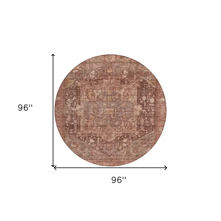 8' Burgundy Round Medallion Washable Indoor Outdoor Area Rug