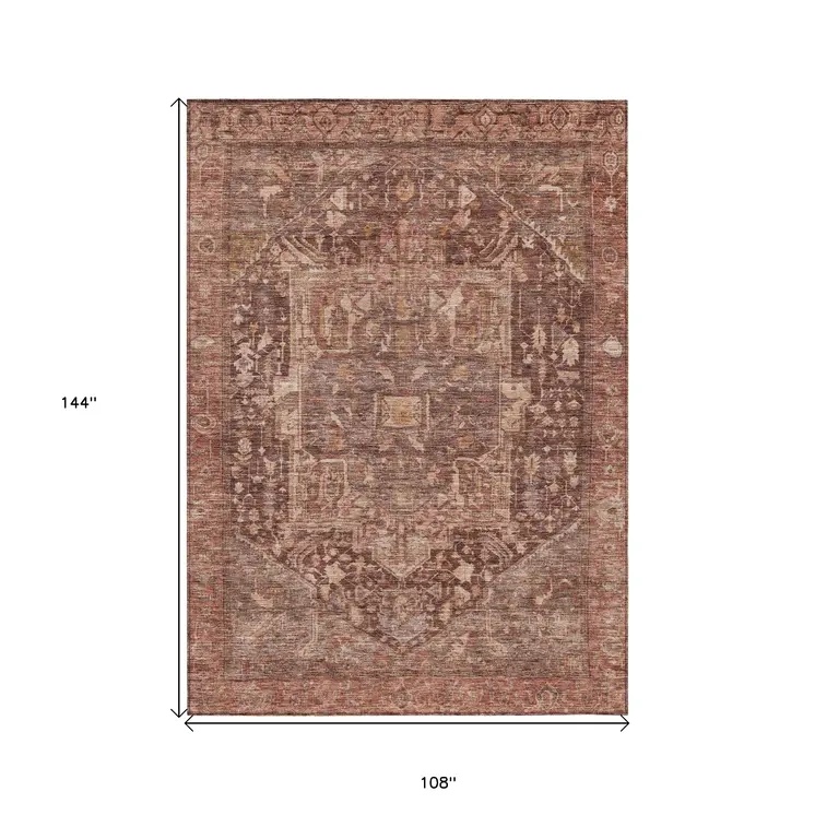 9' X 12' Burgundy Medallion Washable Indoor Outdoor Area Rug