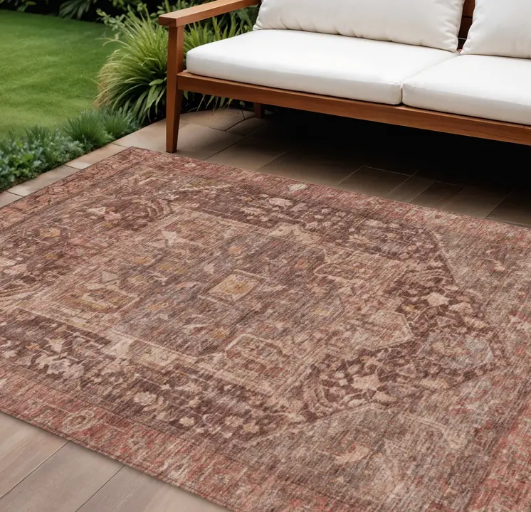 9' X 12' Burgundy Medallion Washable Indoor Outdoor Area Rug