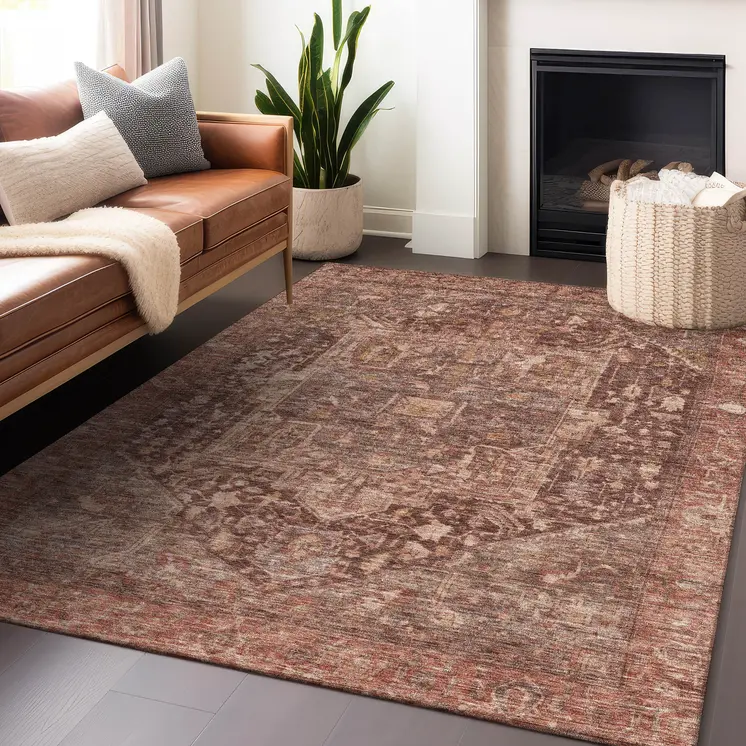 9' X 12' Burgundy Medallion Washable Indoor Outdoor Area Rug