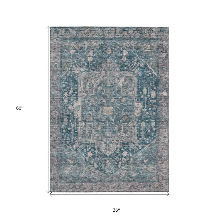 3' X 5' Blue Medallion Washable Indoor Outdoor Area Rug