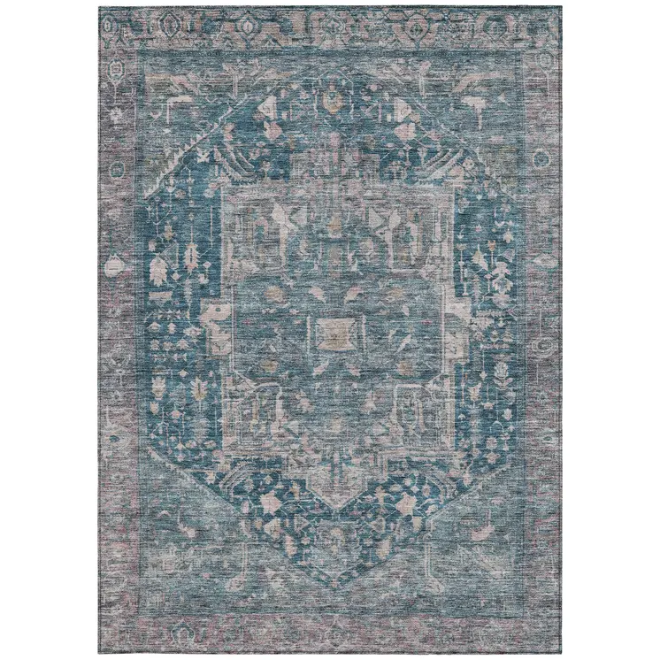 5' X 8' Blue Medallion Washable Indoor Outdoor Area Rug