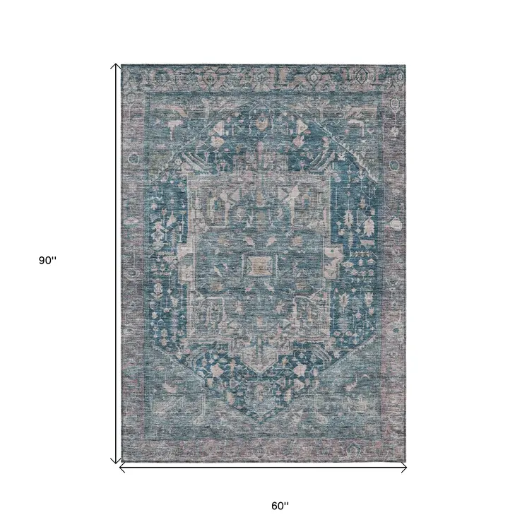 5' X 8' Blue Medallion Washable Indoor Outdoor Area Rug