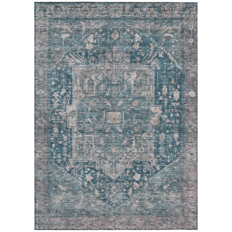 5' X 8' Blue Medallion Washable Indoor Outdoor Area Rug