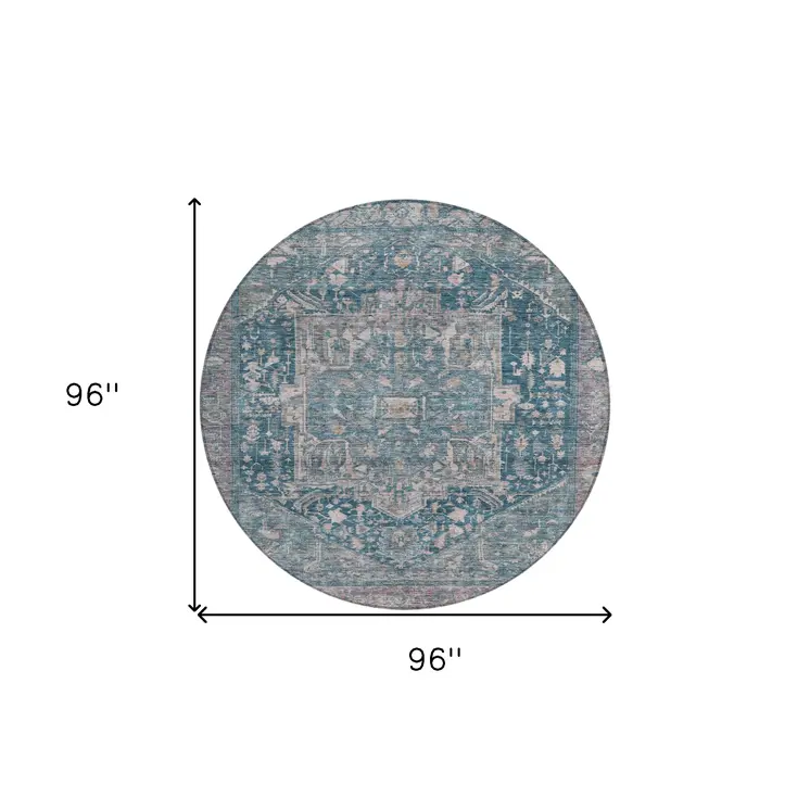 8' Blue Round Medallion Washable Indoor Outdoor Area Rug