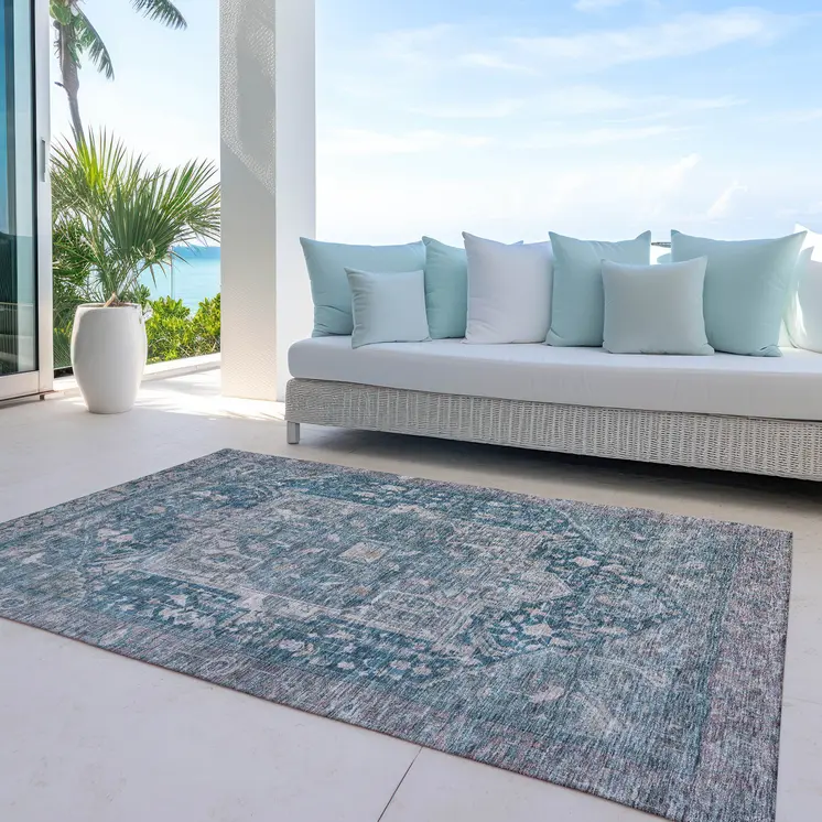 9' X 12' Blue Medallion Washable Indoor Outdoor Area Rug