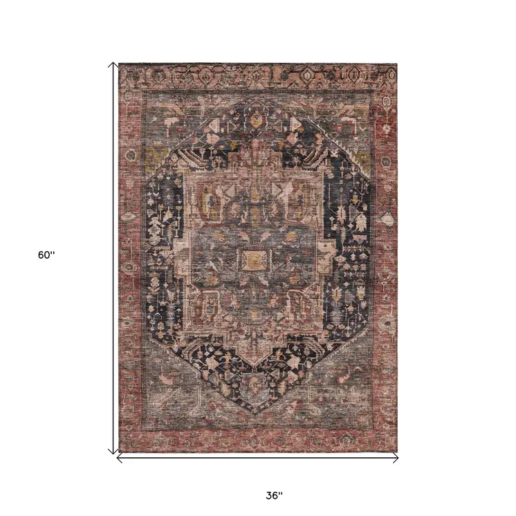 3' X 5' Charcoal Medallion Washable Indoor Outdoor Area Rug