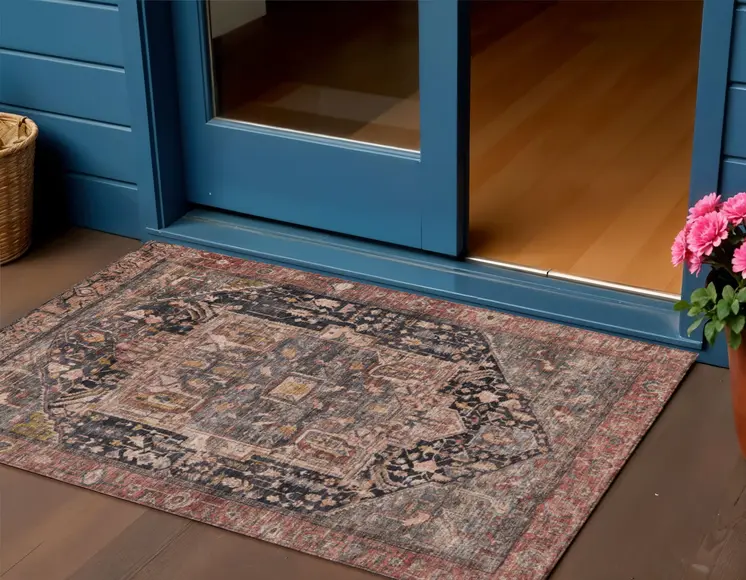 3' X 5' Charcoal Medallion Washable Indoor Outdoor Area Rug