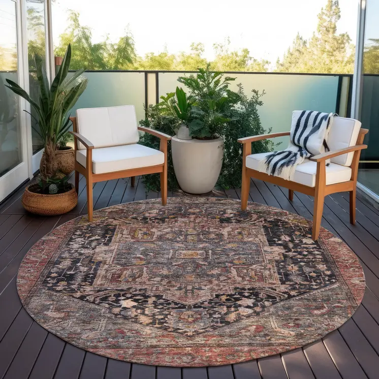 8' Charcoal Round Medallion Washable Indoor Outdoor Area Rug