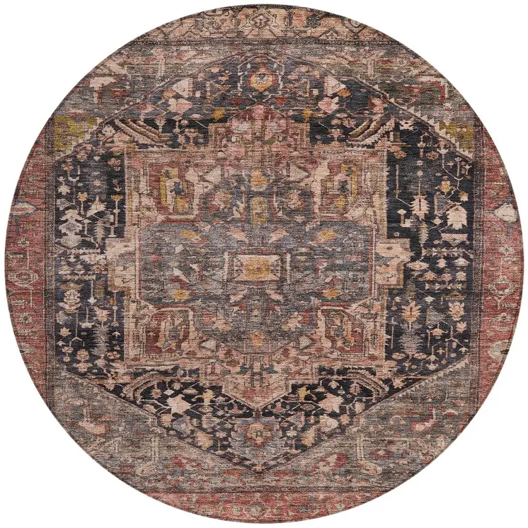 8' Charcoal Round Medallion Washable Indoor Outdoor Area Rug