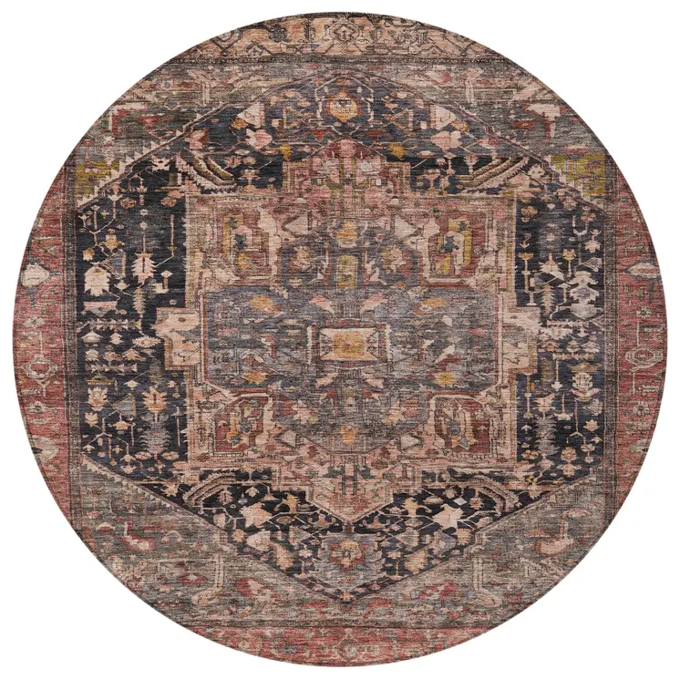 8' Charcoal Round Medallion Washable Indoor Outdoor Area Rug
