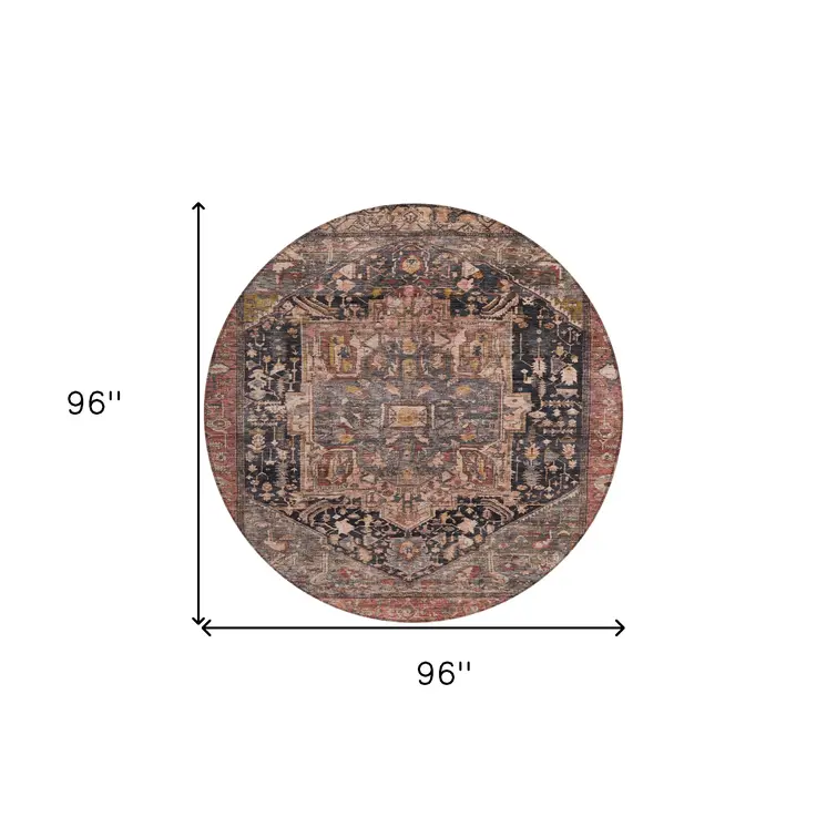 8' Charcoal Round Medallion Washable Indoor Outdoor Area Rug