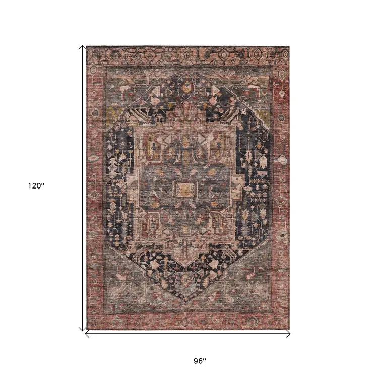 8' X 10' Charcoal Medallion Washable Indoor Outdoor Area Rug