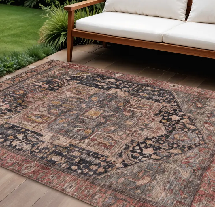 10' X 14' Charcoal Medallion Washable Indoor Outdoor Area Rug