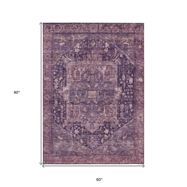 5' X 8' Eggplant Medallion Washable Indoor Outdoor Area Rug