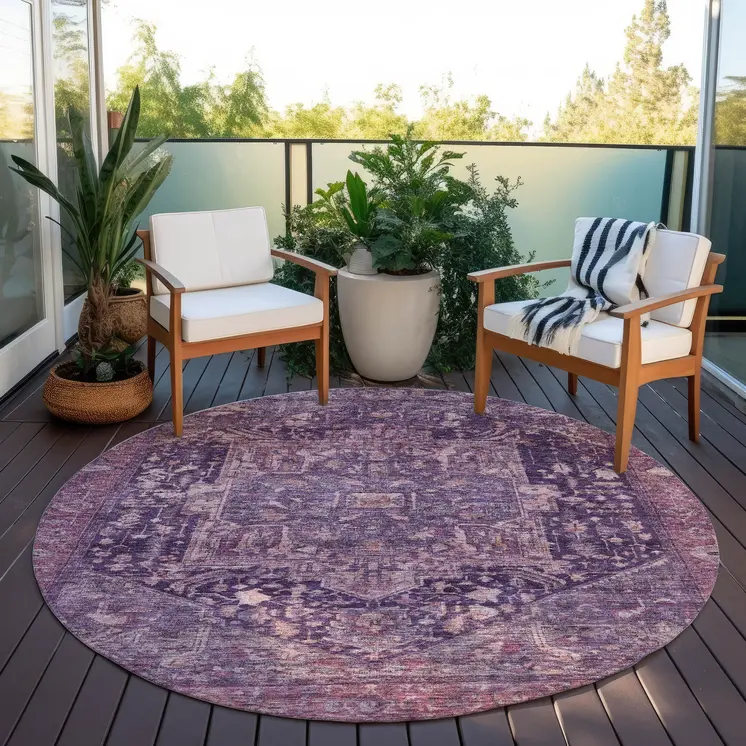8' Eggplant Round Medallion Washable Indoor Outdoor Area Rug