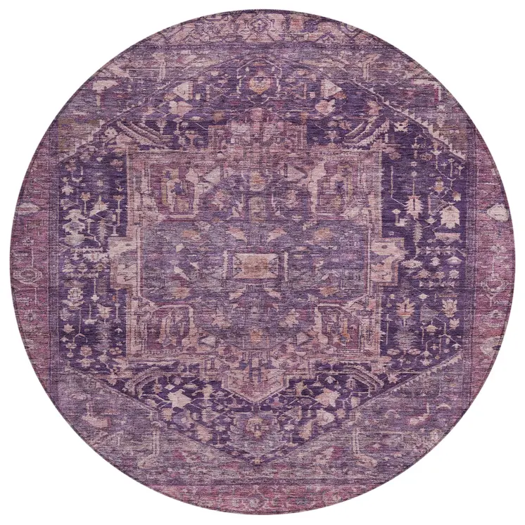 8' Eggplant Round Medallion Washable Indoor Outdoor Area Rug