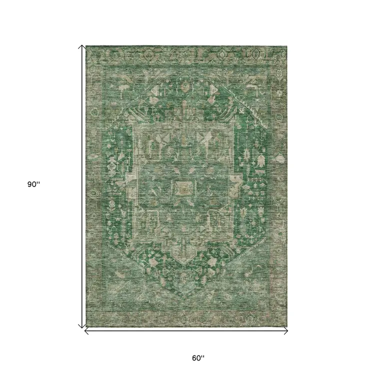 5' X 8' Emerald Medallion Washable Indoor Outdoor Area Rug