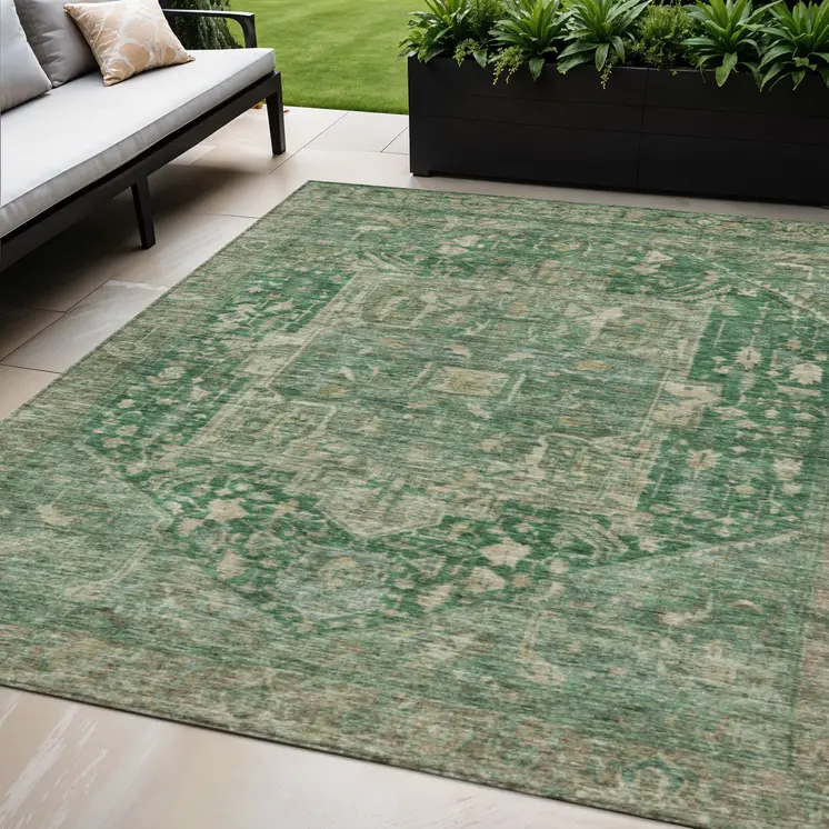 5' X 8' Emerald Medallion Washable Indoor Outdoor Area Rug