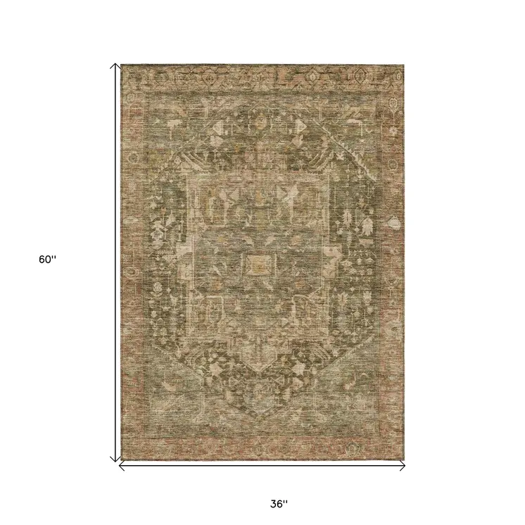 3' X 5' Fern Green Medallion Washable Indoor Outdoor Area Rug