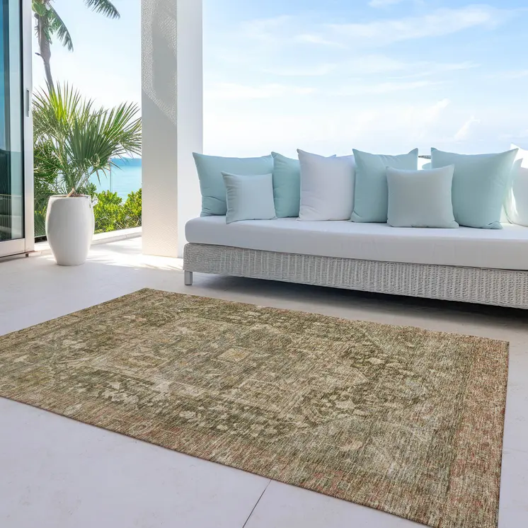 5' X 8' Fern Green Medallion Washable Indoor Outdoor Area Rug