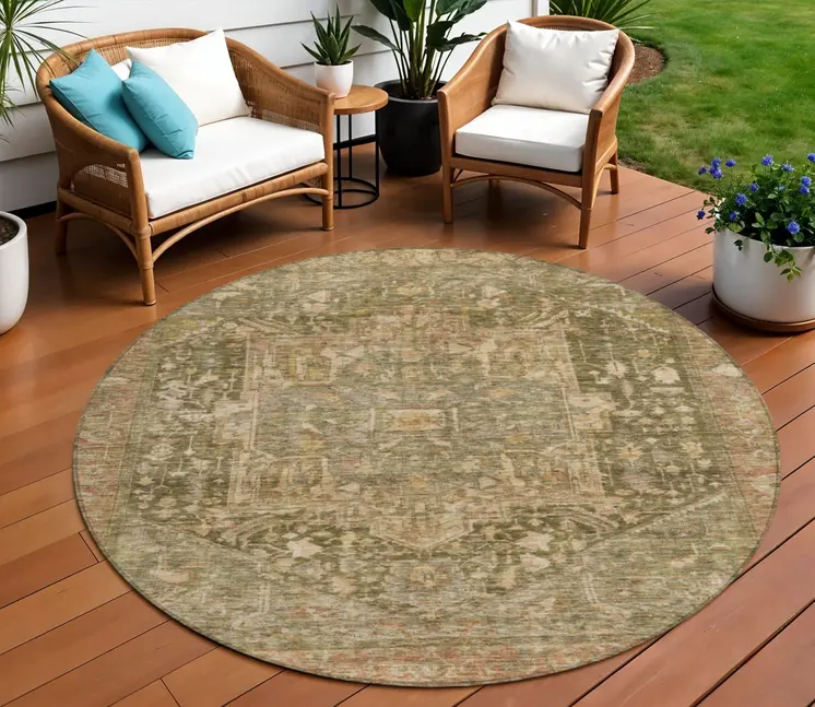 8' Fern Green Round Medallion Washable Indoor Outdoor Area Rug