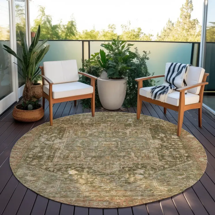 8' Fern Green Round Medallion Washable Indoor Outdoor Area Rug