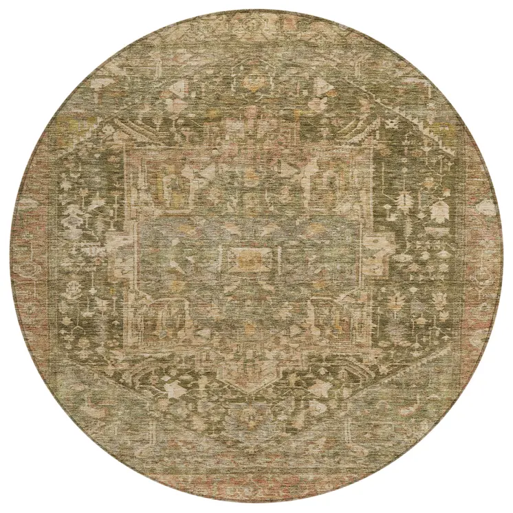 8' Fern Green Round Medallion Washable Indoor Outdoor Area Rug