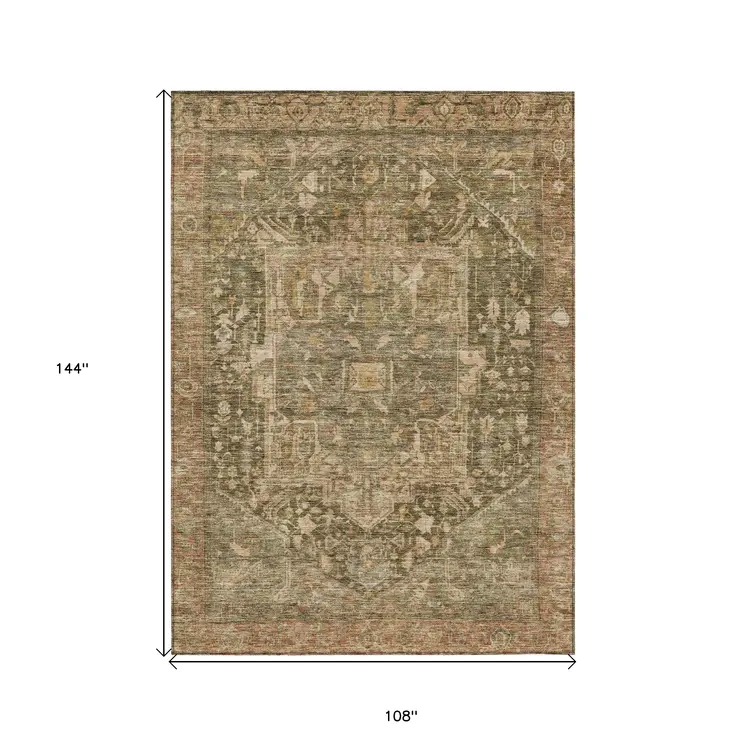 9' X 12' Fern Green Medallion Washable Indoor Outdoor Area Rug