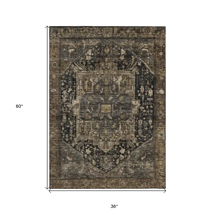3' X 5' Brown Medallion Washable Indoor Outdoor Area Rug