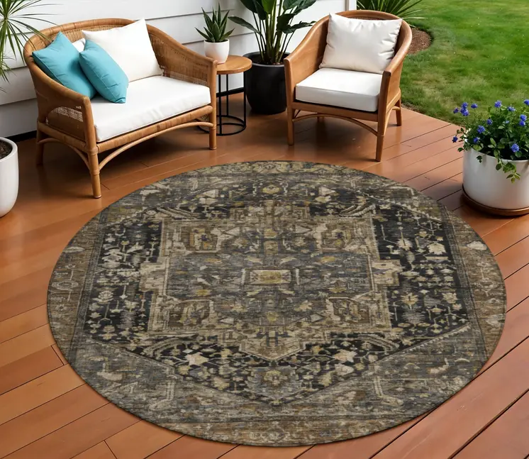 8' Brown Round Medallion Washable Indoor Outdoor Area Rug